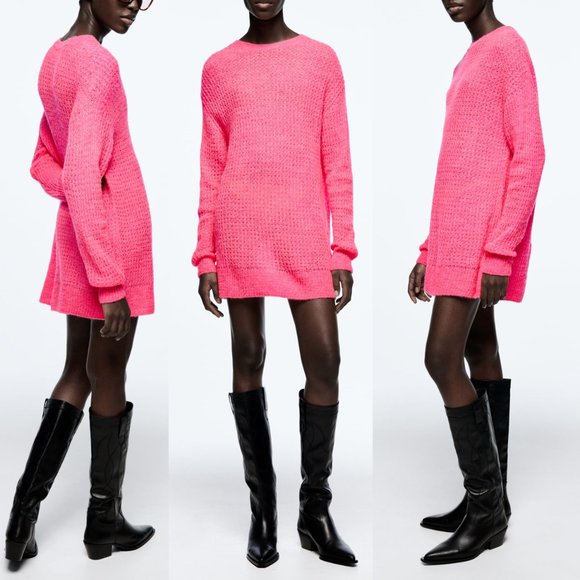 NEW Zara Light Weight Oversized Open Knit Longline Tunic Sweater Neon Pink M - Picture 2 of 9